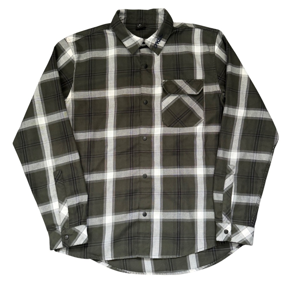 Oakley Mens Plaid Flannel Snap Button Shirt Green Skull Embroidery Size M